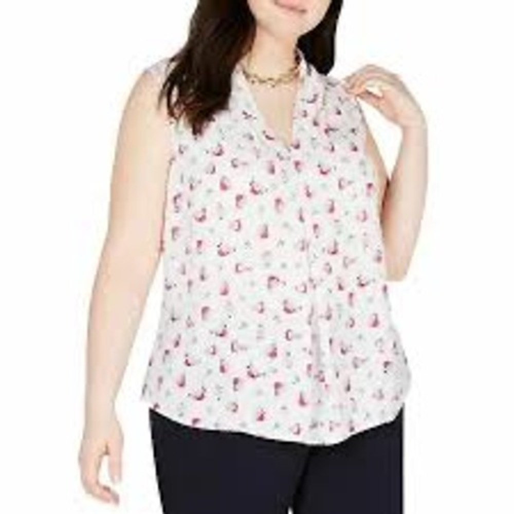 Bar III Blouse 2X White Daphne Multi Floral Sleeveless Split Neck Shell 10717682
